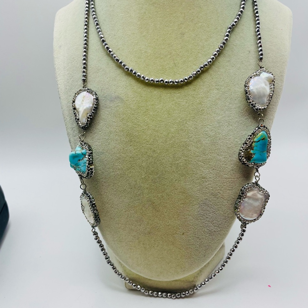 Freshwater Pearl & Howlite Beaded Statement Necklace - White & Blue. 40 inches - Picture 2 of 6